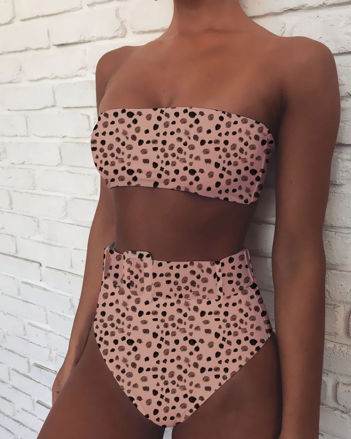 Damen Hoch tailliertes Bandeau-Bikini-Set mit modischem Leopardenmuster Drune