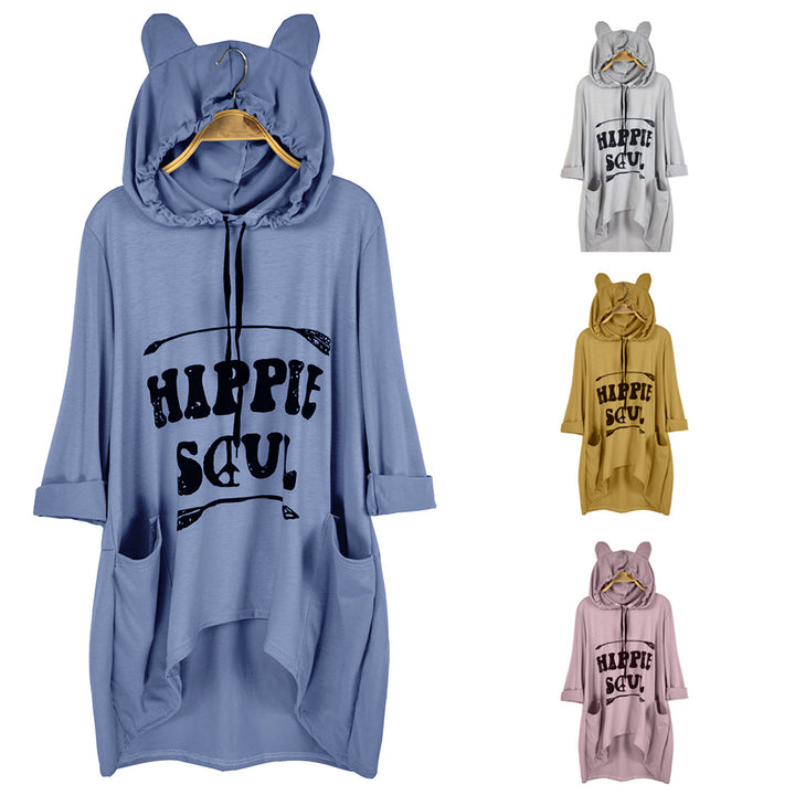 Damen Oversize-Hoodie-Kleid mit Kapuze und Ohren, Kängurutaschen & Statement-Print Drune