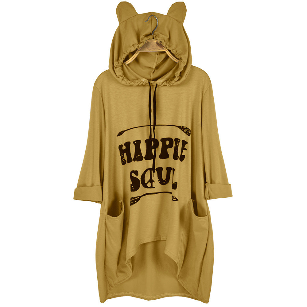 Damen Oversize-Hoodie-Kleid mit Kapuze und Ohren, Kängurutaschen & Statement-Print Drune