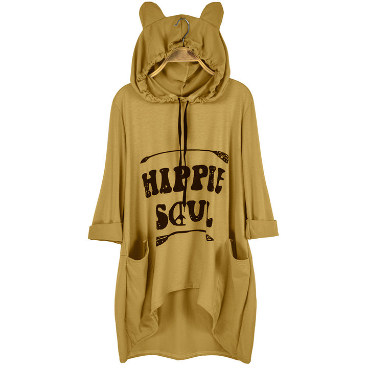Damen Oversize-Hoodie-Kleid mit Kapuze und Ohren, Kängurutaschen & Statement-Print Drune