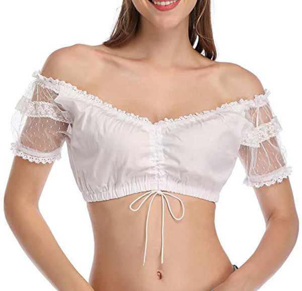 Damen  kurze Carmenbluse mit Spitzenärmeln und gerafftem Tunnelzug Drune