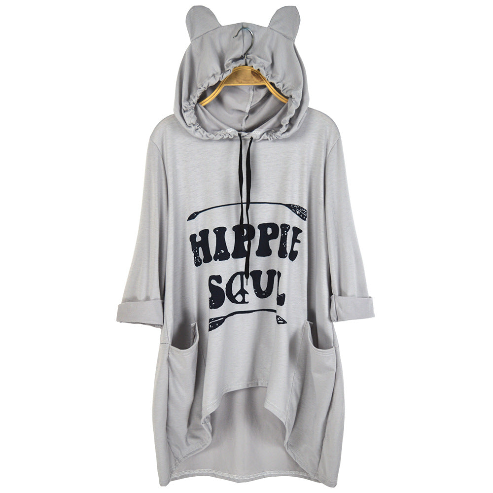 Damen Oversize-Hoodie-Kleid mit Kapuze und Ohren, Kängurutaschen & Statement-Print Drune