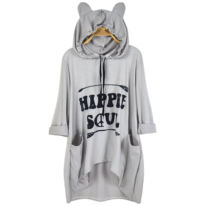 Damen Oversize-Hoodie-Kleid mit Kapuze und Ohren, Kängurutaschen & Statement-Print Drune