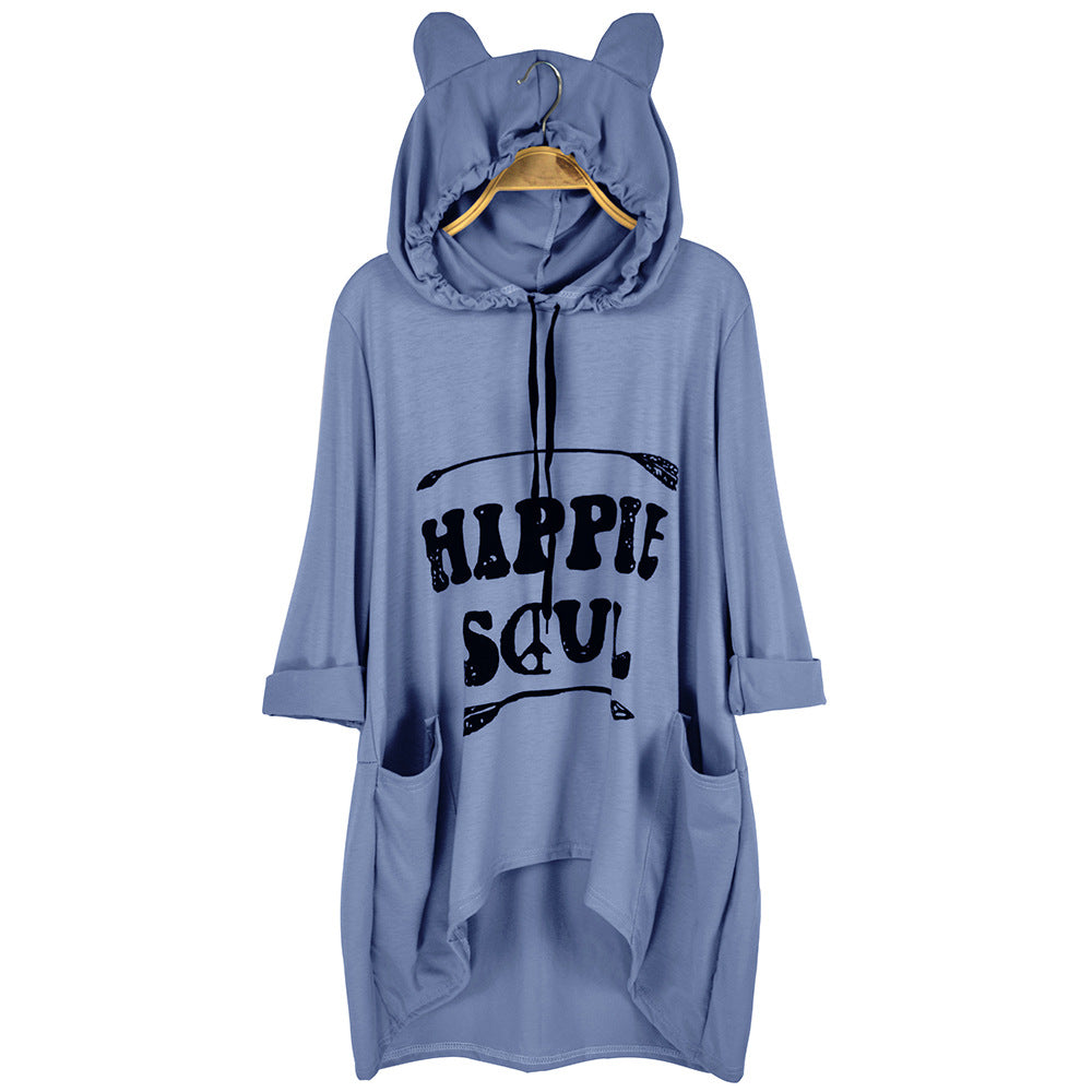 Damen Oversize-Hoodie-Kleid mit Kapuze und Ohren, Kängurutaschen & Statement-Print Drune