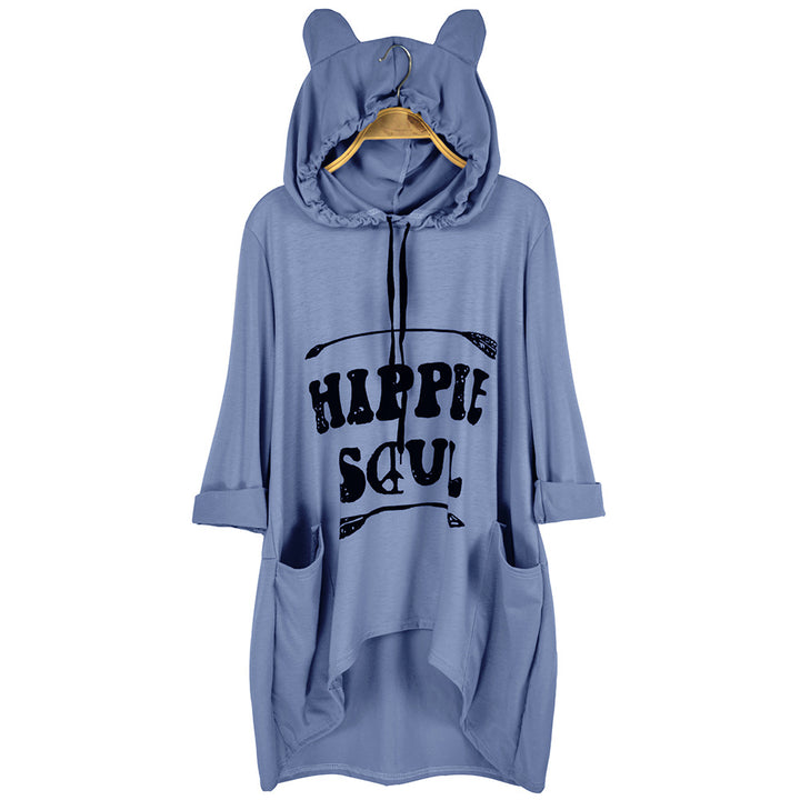 Damen Oversize-Hoodie-Kleid mit Kapuze und Ohren, Kängurutaschen & Statement-Print Drune