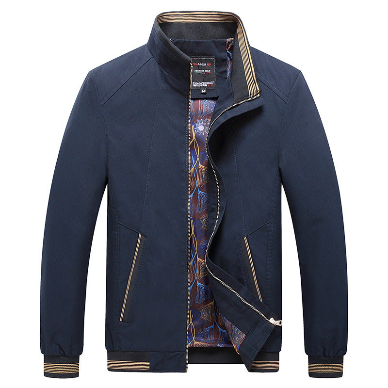 Herren Leichte Harrington-Jacke mit Stehkragen, verdecktem Reißverschluss, gestreiften Rippbündchen & gemustertem Innenfutter Drune