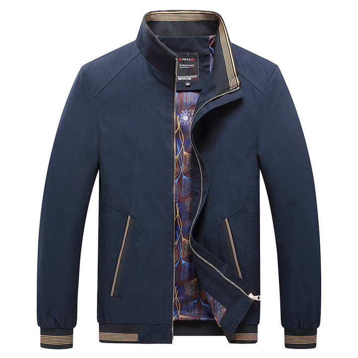 Herren Leichte Harrington-Jacke mit Stehkragen, verdecktem Reißverschluss, gestreiften Rippbündchen & gemustertem Innenfutter Drune