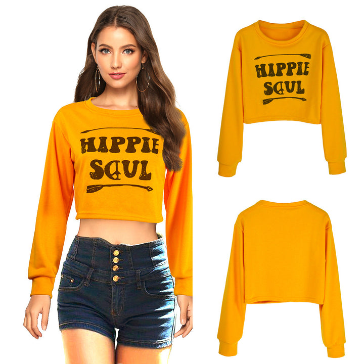 Damen Kurzes Cropped-Sweatshirt mit Print, Rundhalsausschnitt & langen Ärmeln Drune