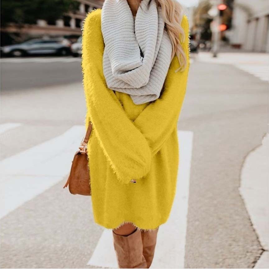 Damen Kuscheliges Oversize Plüsch-Kleid mit Rundhalsausschnitt Drune