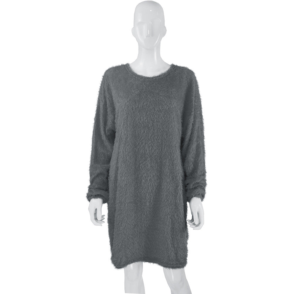 Damen Kuscheliges Oversize Plüsch-Kleid mit Rundhalsausschnitt Drune
