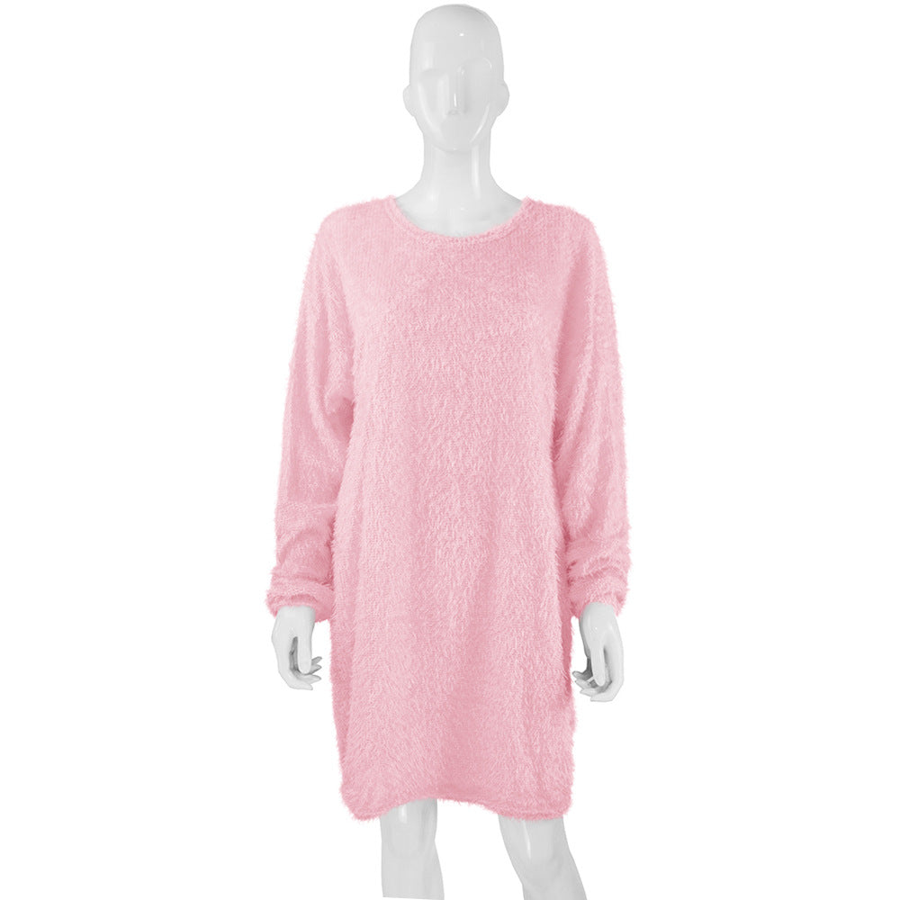 Damen Kuscheliges Oversize Plüsch-Kleid mit Rundhalsausschnitt Drune