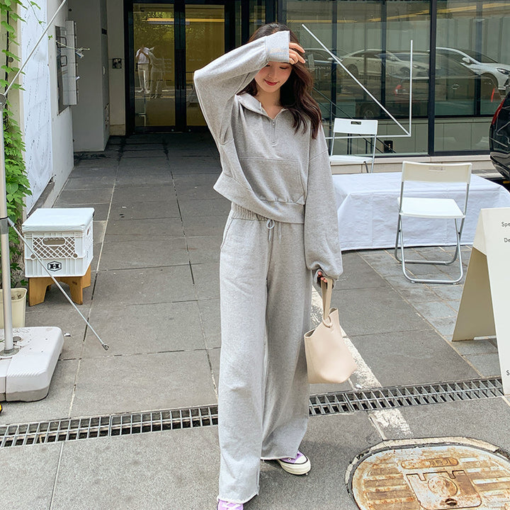 Damen sportliches Loungewear-Set mit lässigem Zip-Oberteil und weit geschnittenen Hosen Drune
