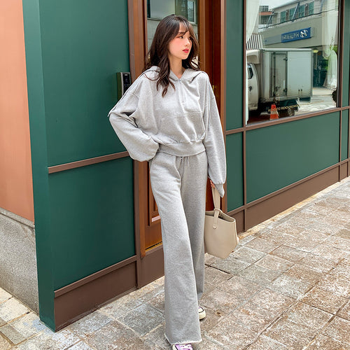 Damen sportliches Loungewear-Set mit lässigem Zip-Oberteil und weit geschnittenen Hosen Drune