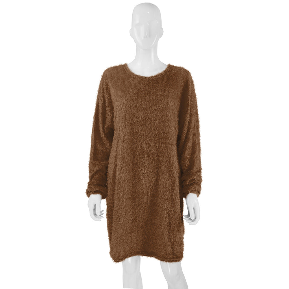 Damen Kuscheliges Oversize Plüsch-Kleid mit Rundhalsausschnitt Drune