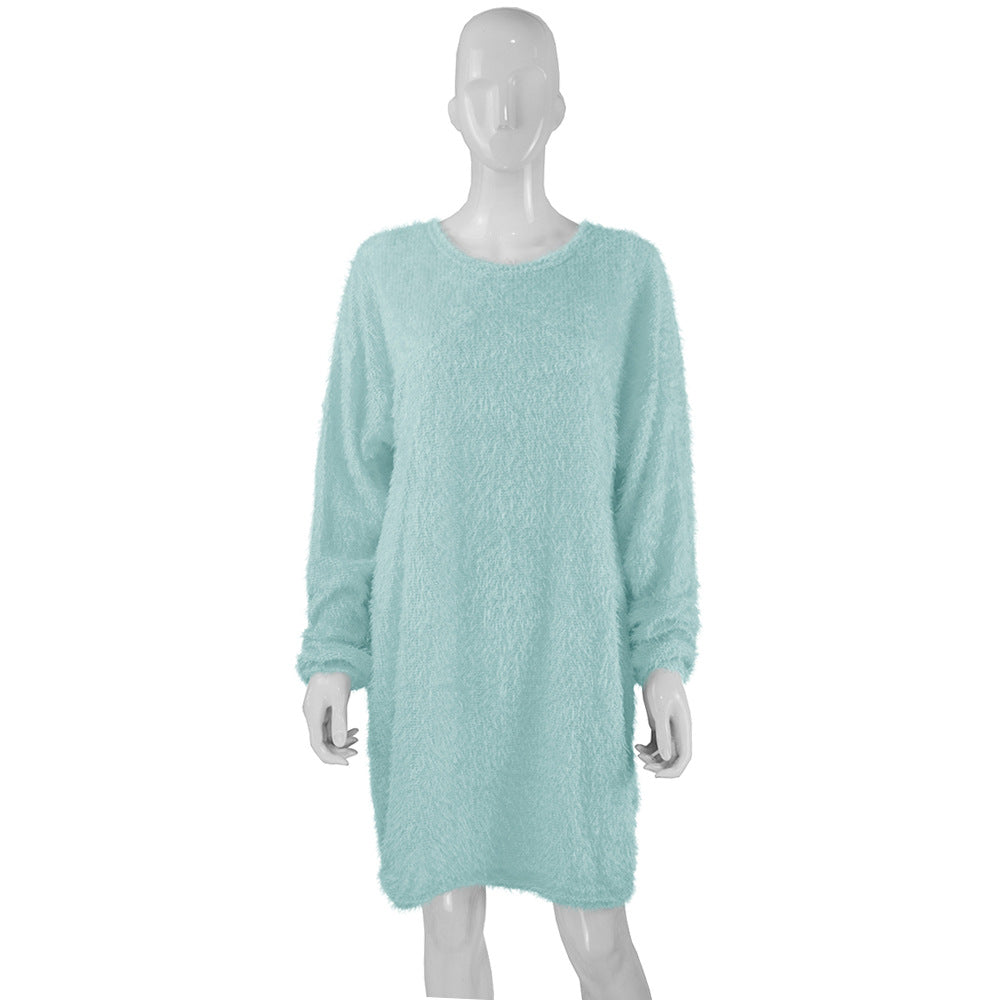 Damen Kuscheliges Oversize Plüsch-Kleid mit Rundhalsausschnitt Drune
