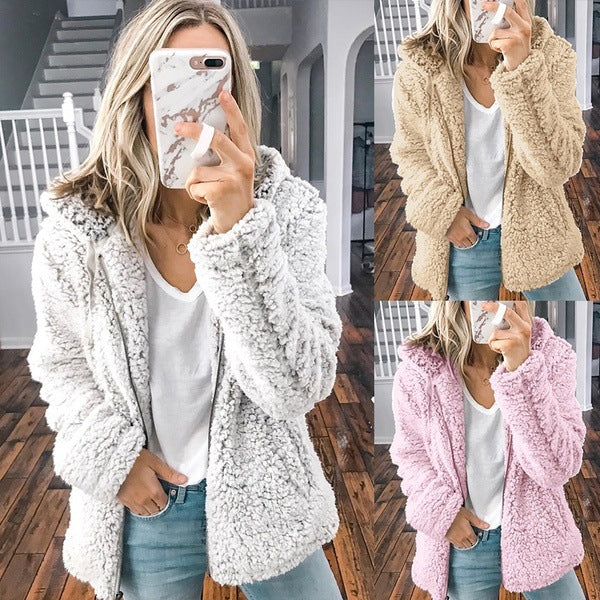Damen nan kuschelige Teddy-Fleece Übergangsjacke mit Kapuze und Reißverschluss Drune