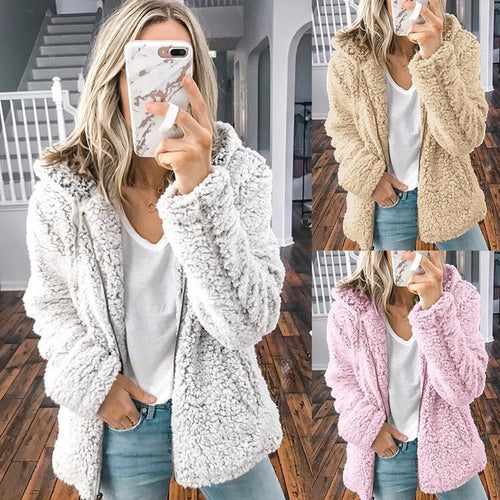 Damen nan kuschelige Teddy-Fleece Übergangsjacke mit Kapuze und Reißverschluss Drune