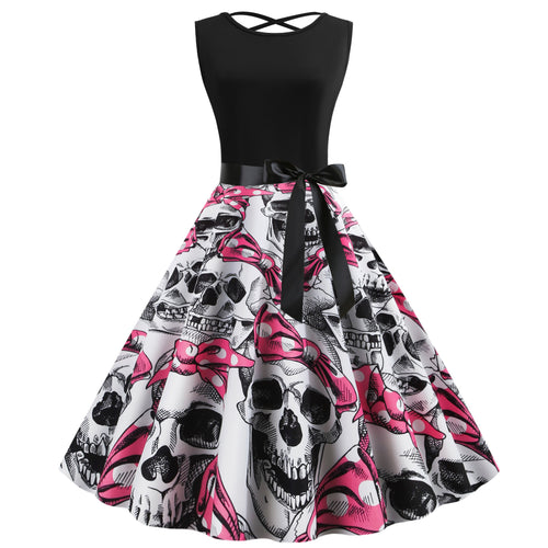 Damen Rockabilly Kleid mit Totenkopf-Motiv und voluminösem Rock Drune