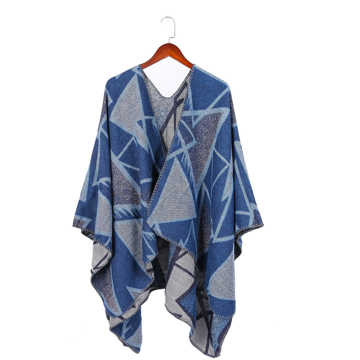 Damen Geometrischer Jacquard-Ruana-Überwurf mit offenem Fall und Zierkante Drune