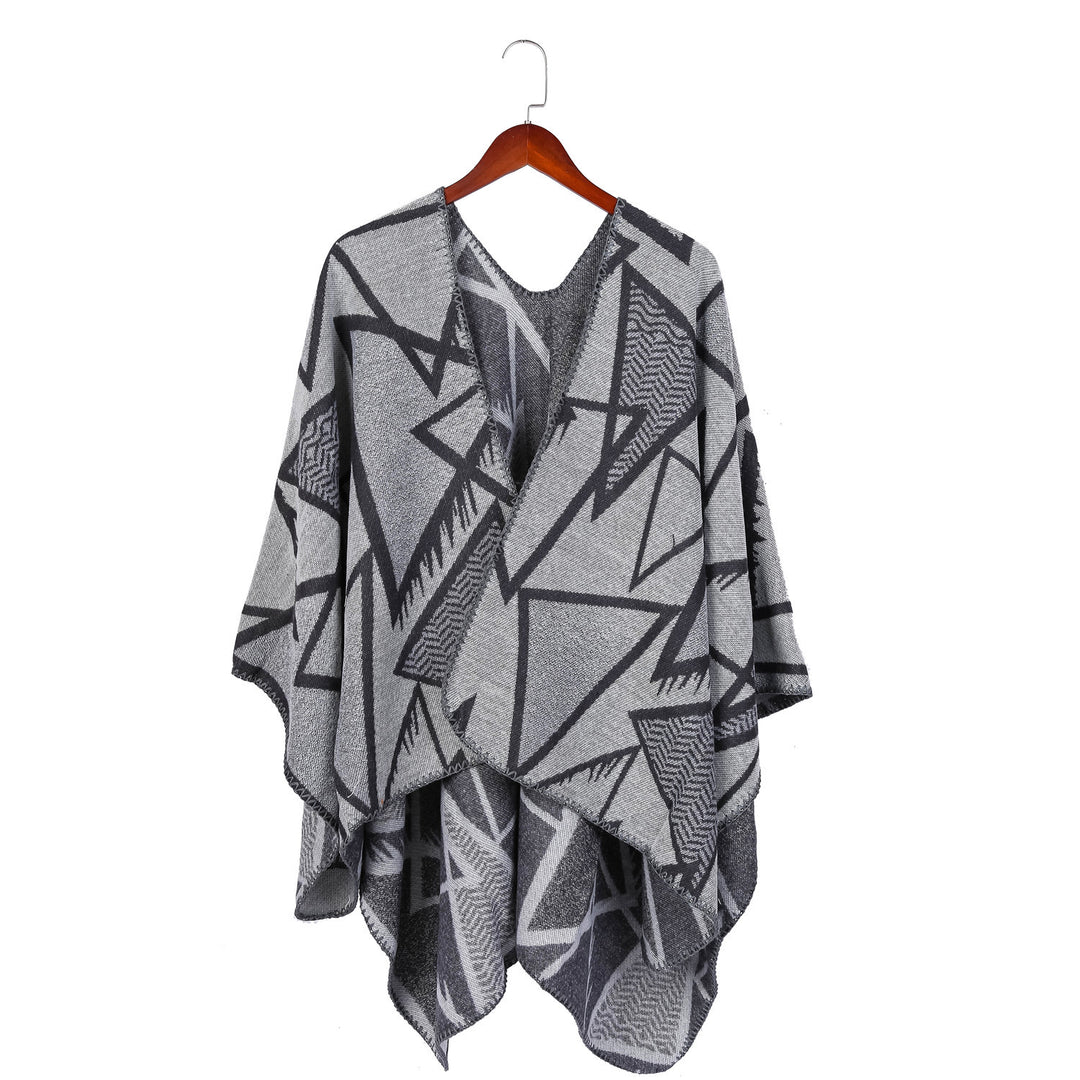 Damen Geometrischer Jacquard-Ruana-Überwurf mit offenem Fall und Zierkante Drune