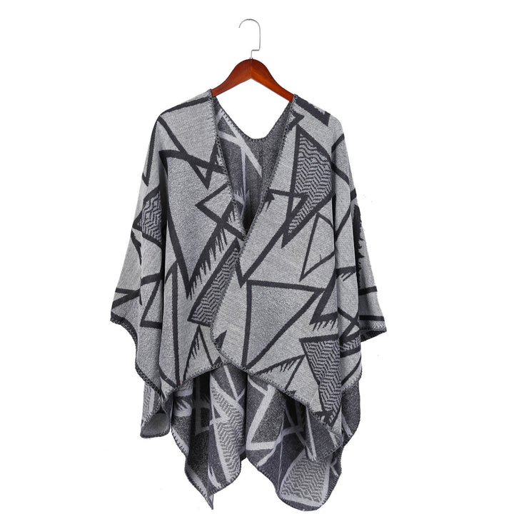 Damen Geometrischer Jacquard-Ruana-Überwurf mit offenem Fall und Zierkante Drune