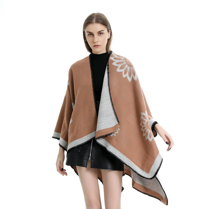 Damen Wollmix‑Ruana mit floraler Intarsienjacquard und offener Kimono‑Silhouette Drune