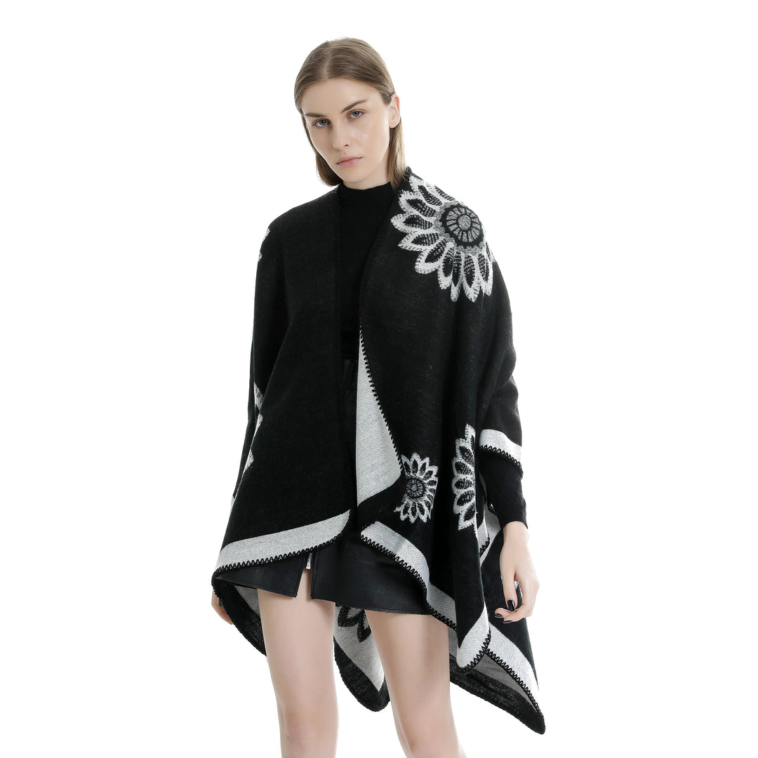 Damen Wollmix‑Ruana mit floraler Intarsienjacquard und offener Kimono‑Silhouette Drune