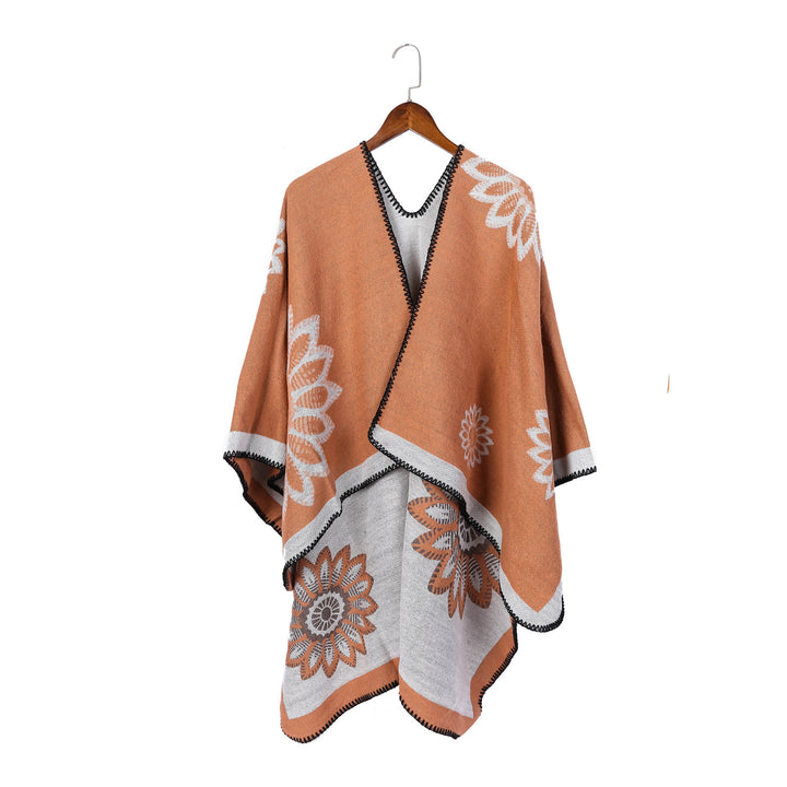 Damen Wollmix‑Ruana mit floraler Intarsienjacquard und offener Kimono‑Silhouette Drune