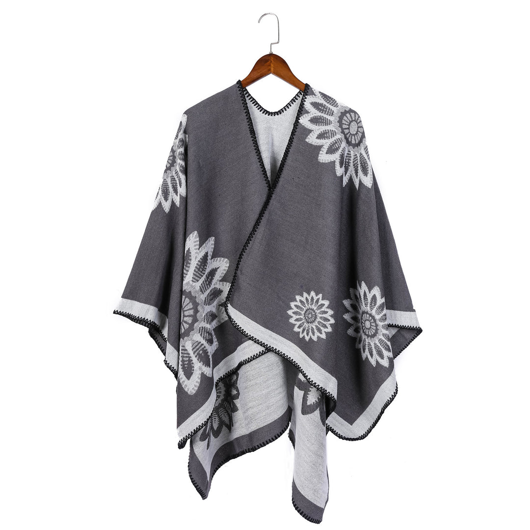 Damen Wollmix‑Ruana mit floraler Intarsienjacquard und offener Kimono‑Silhouette Drune