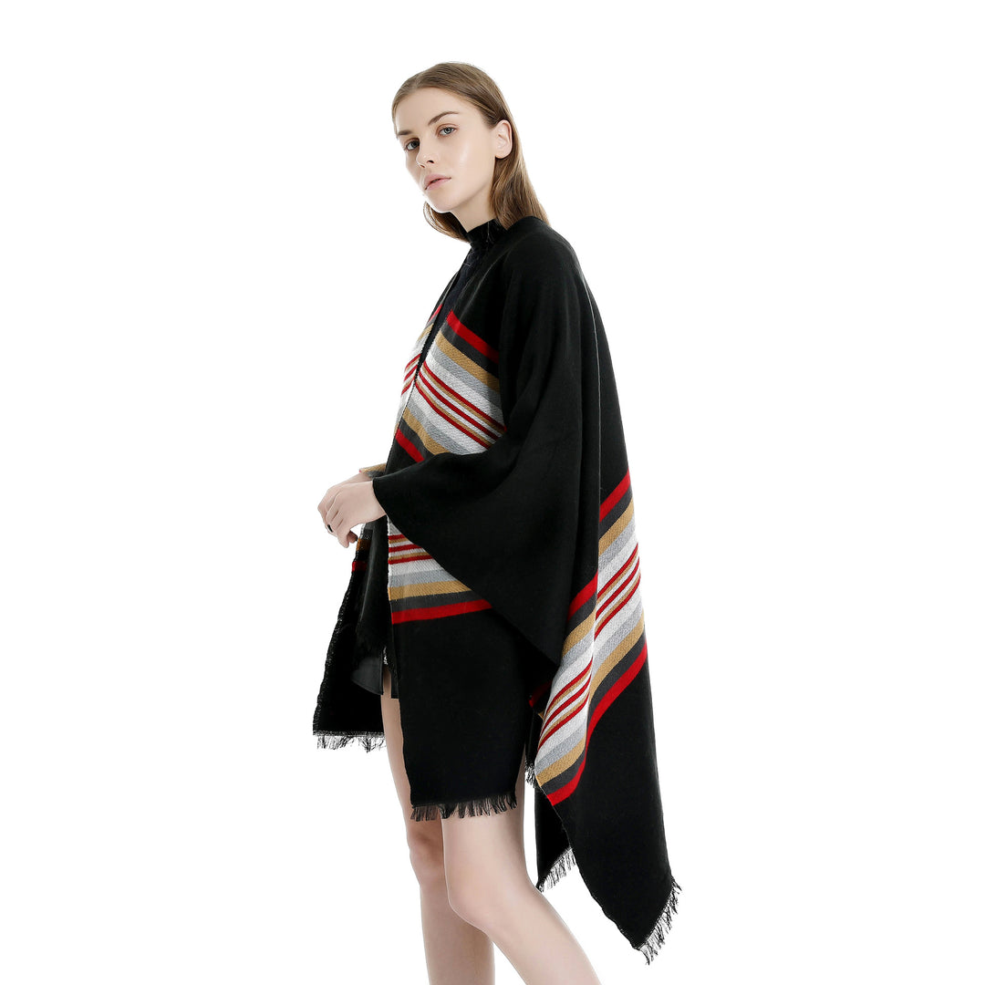 Damen Lässiger Ruana-Poncho aus Wollmix mit asymmetrischem Zipfel und feinem Streifenjacquard Drune