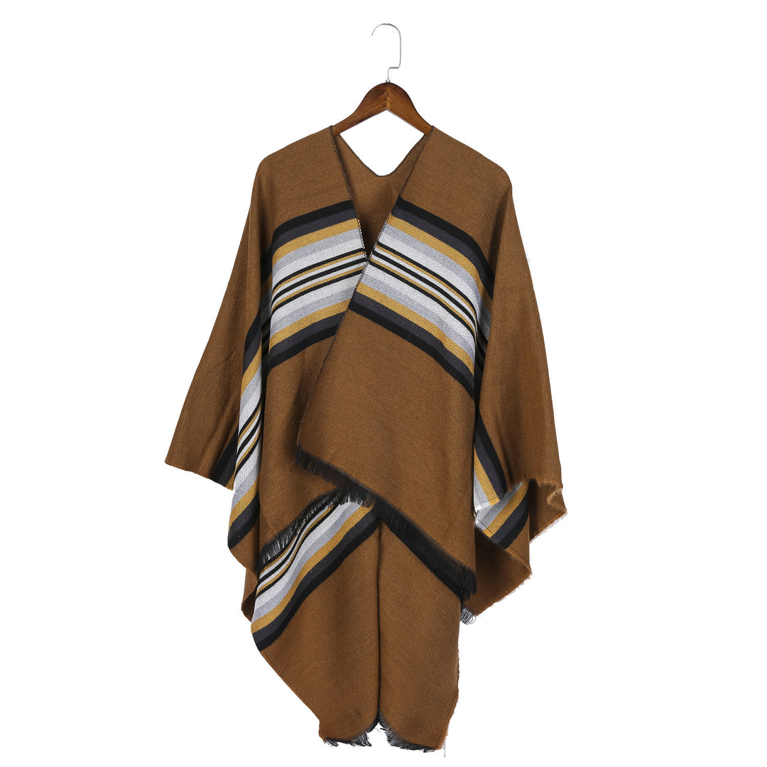 Damen Lässiger Ruana-Poncho aus Wollmix mit asymmetrischem Zipfel und feinem Streifenjacquard Drune