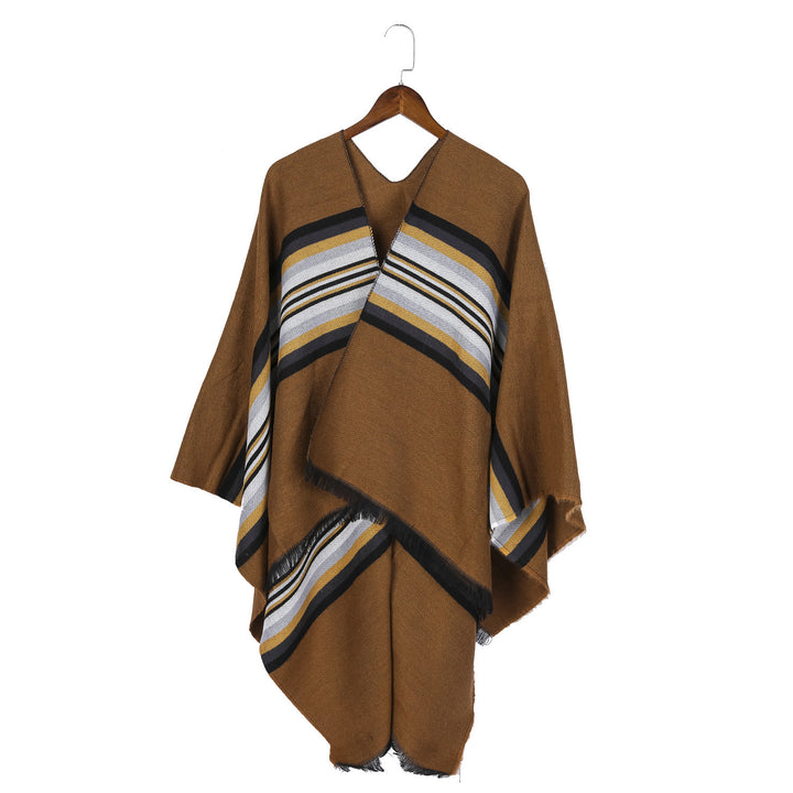 Damen Lässiger Ruana-Poncho aus Wollmix mit asymmetrischem Zipfel und feinem Streifenjacquard Drune