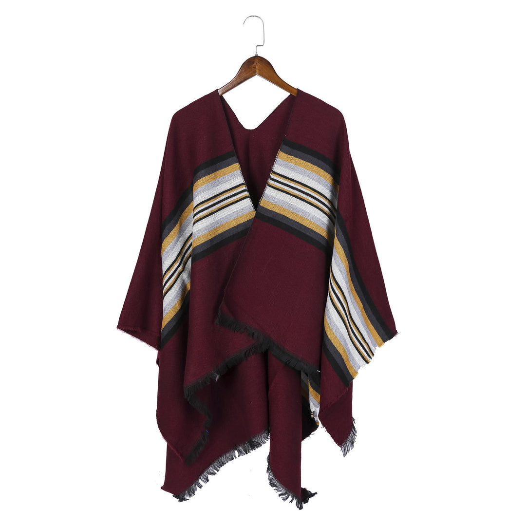 Damen Lässiger Ruana-Poncho aus Wollmix mit asymmetrischem Zipfel und feinem Streifenjacquard Drune