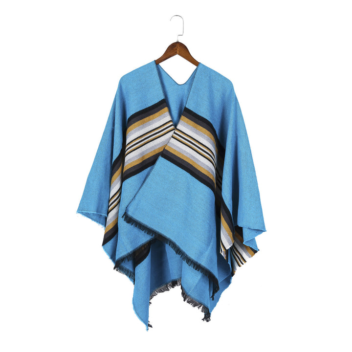 Damen Lässiger Ruana-Poncho aus Wollmix mit asymmetrischem Zipfel und feinem Streifenjacquard Drune