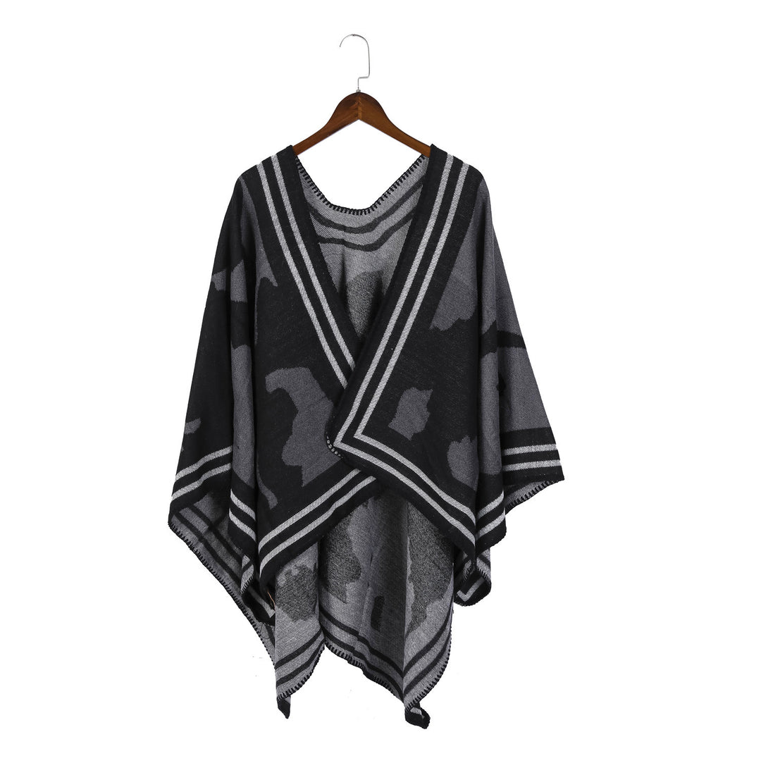 Damen Oversize-Feinstrick-Ruana mit abstraktem Jacquard und kontrastierter Kantenbordüre Drune
