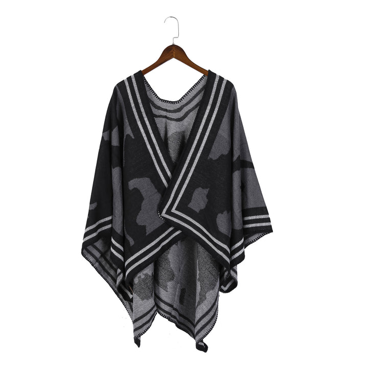 Damen Oversize-Feinstrick-Ruana mit abstraktem Jacquard und kontrastierter Kantenbordüre Drune