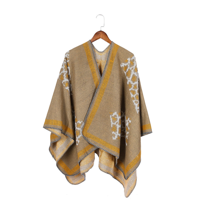 Damen Wolloptik-Kimono-Ruana mit Leopardenjacquard und kontrastierter Bordüre Drune