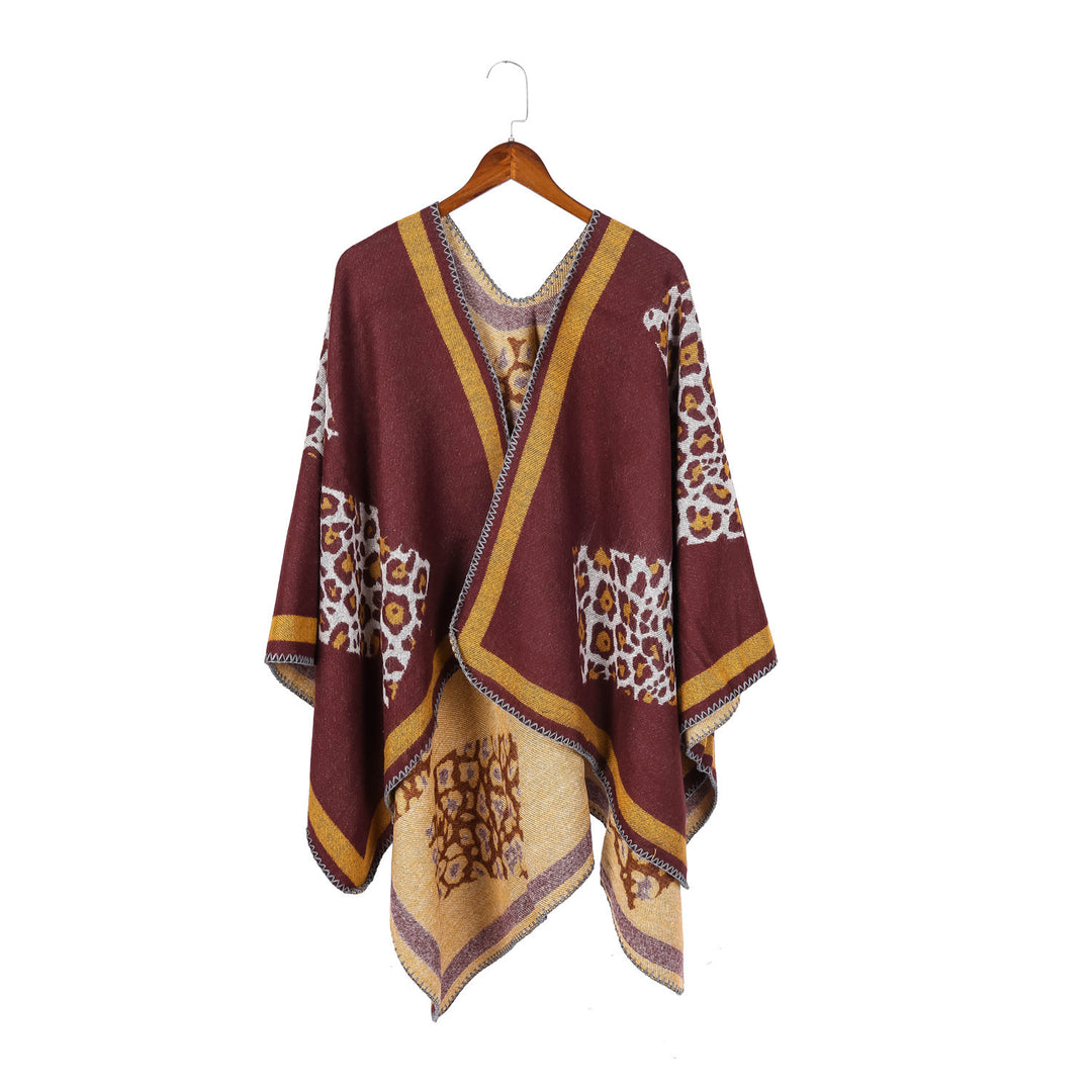 Damen Wolloptik-Kimono-Ruana mit Leopardenjacquard und kontrastierter Bordüre Drune
