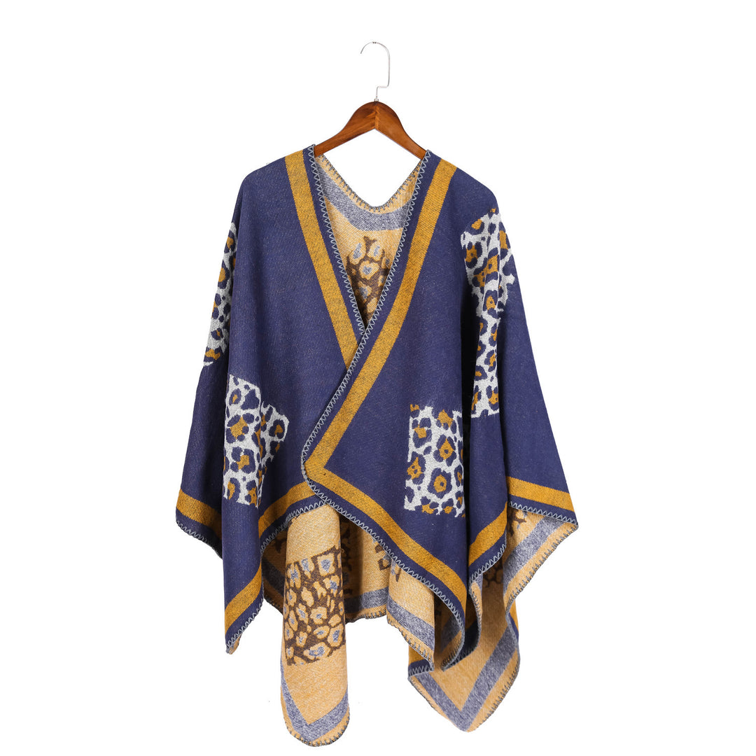 Damen Wolloptik-Kimono-Ruana mit Leopardenjacquard und kontrastierter Bordüre Drune