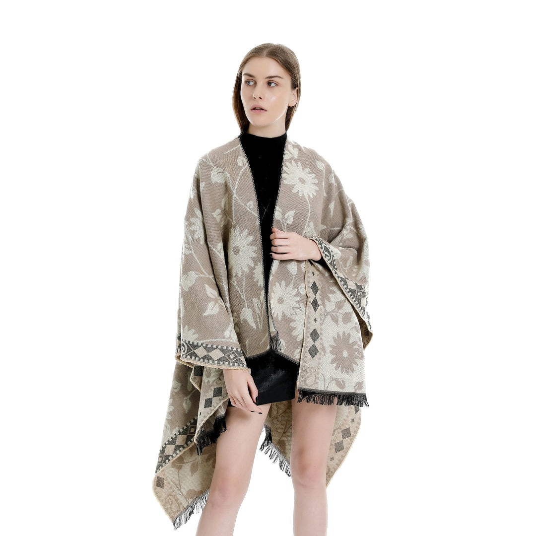 Damen Jacquard‑Ruana‑Poncho mit floralem Jacquard, Fransensaum und weichem Wollmix Drune