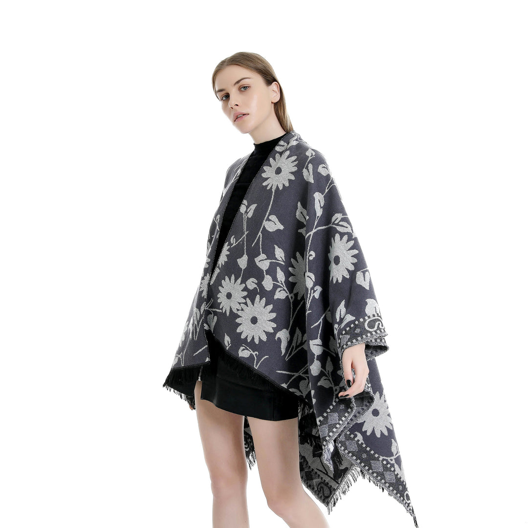 Damen Jacquard‑Ruana‑Poncho mit floralem Jacquard, Fransensaum und weichem Wollmix Drune
