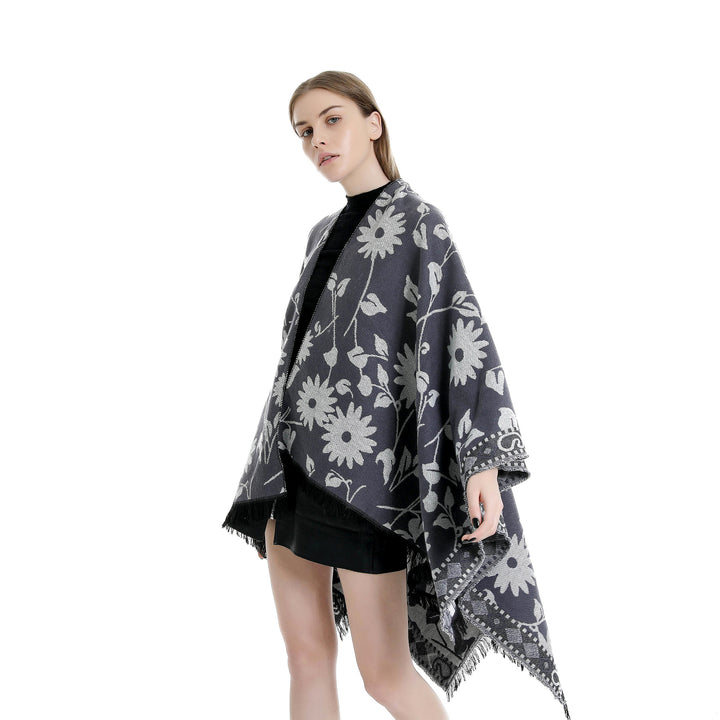 Damen Jacquard‑Ruana‑Poncho mit floralem Jacquard, Fransensaum und weichem Wollmix Drune