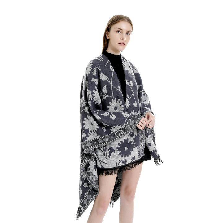 Damen Jacquard‑Ruana‑Poncho mit floralem Jacquard, Fransensaum und weichem Wollmix Drune