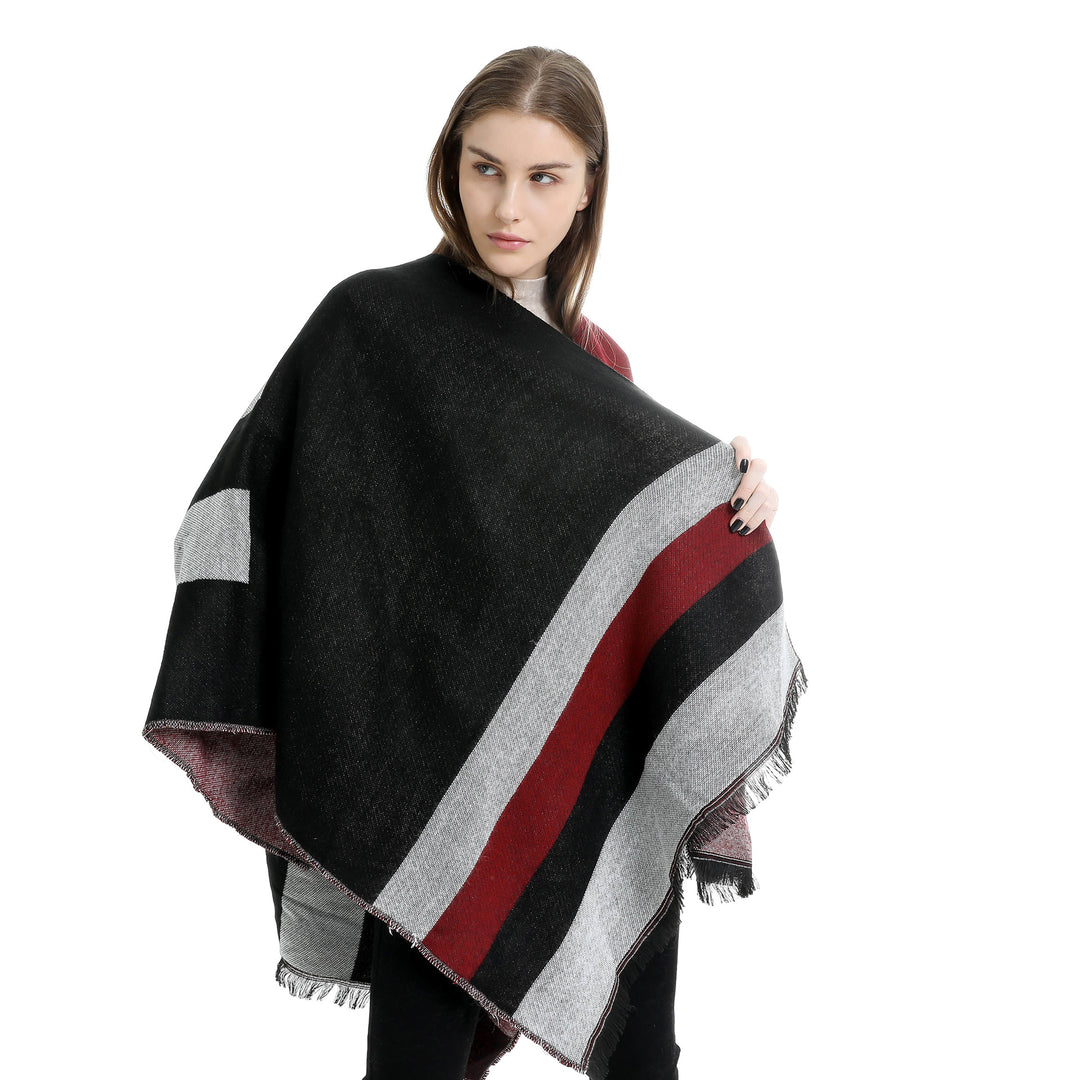 Damen Oversize-Wickelruana im Diagonalstreifen mit Fransenrand Drune