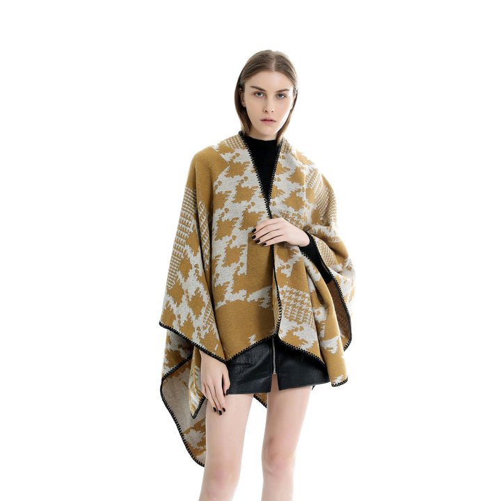 Damen Cape‑Poncho im Ruana‑Schnitt mit dekorativer Kettelkante und zweifarbiger Jacquardstruktur Drune