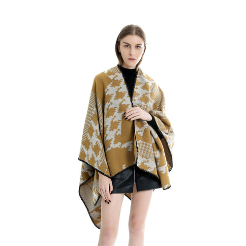 Damen Cape‑Poncho im Ruana‑Schnitt mit dekorativer Kettelkante und zweifarbiger Jacquardstruktur Drune