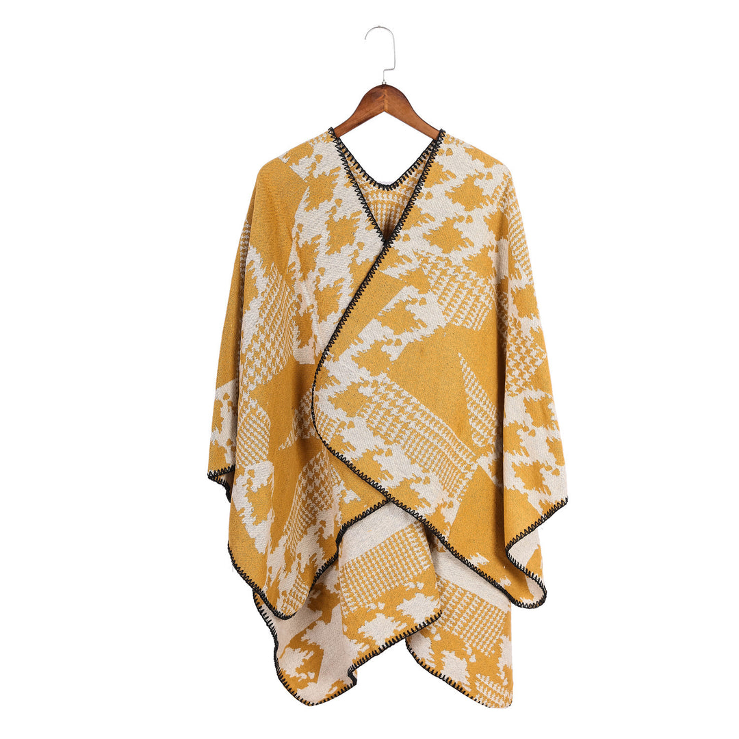 Damen Cape‑Poncho im Ruana‑Schnitt mit dekorativer Kettelkante und zweifarbiger Jacquardstruktur Drune