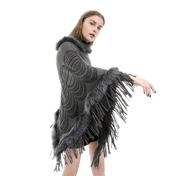 Damen Fransen‑Poncho mit Kunstfellbesatz und Jacquard‑Ruana Drune