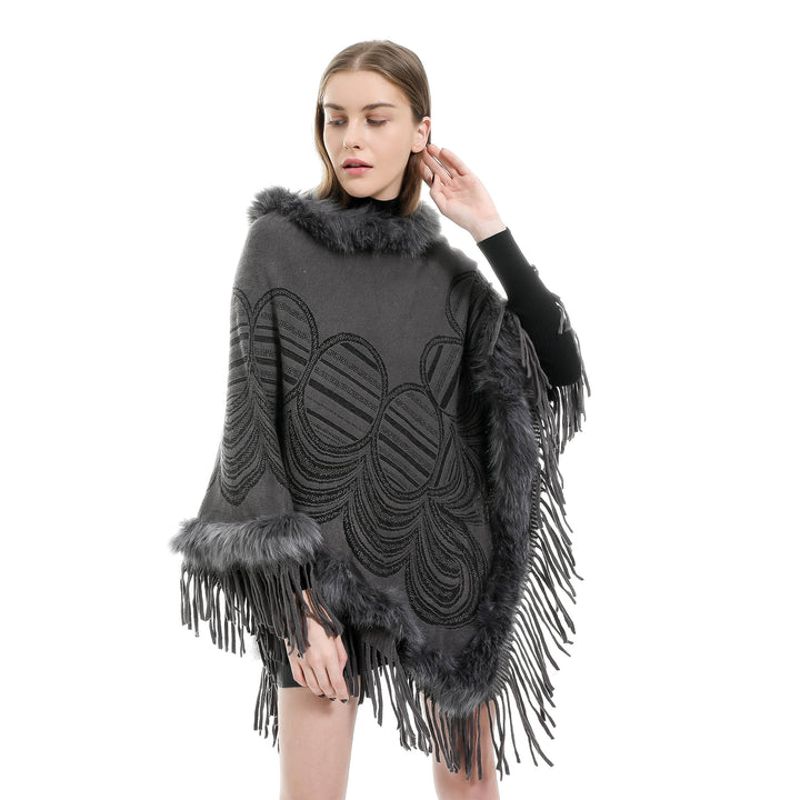 Damen Fransen‑Poncho mit Kunstfellbesatz und Jacquard‑Ruana Drune