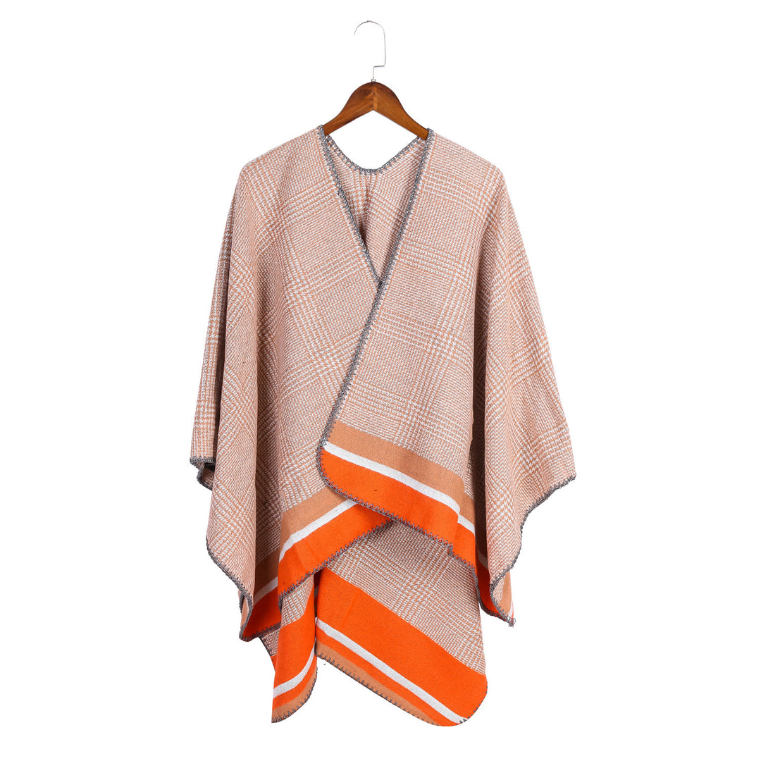 Damen Oversize-Ruana aus Wollmix mit Karojacquard und farbigem Streifenrand Drune